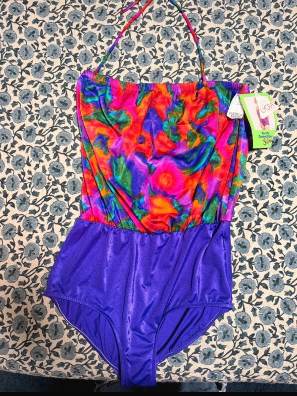 Vintage One-Piece Swimsuit - Multicolor Top with Purple Bottom